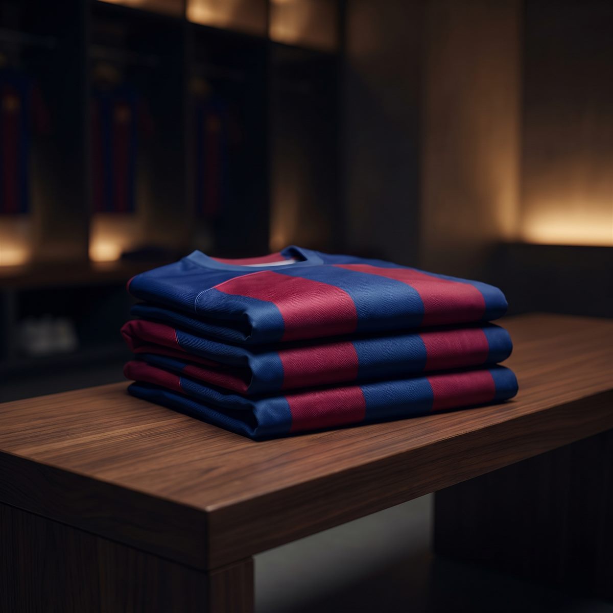Gevouwen FC Barcelona shirts in blaugrana op een houten bank